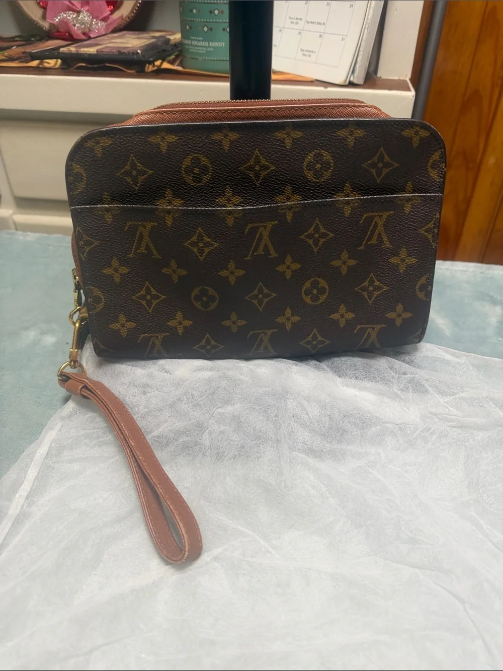 Monogram Print Wristlet Clutch in Brown